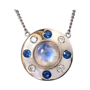 Moonstone Sapphires Diamonds 18 Karat White Gold Necklace