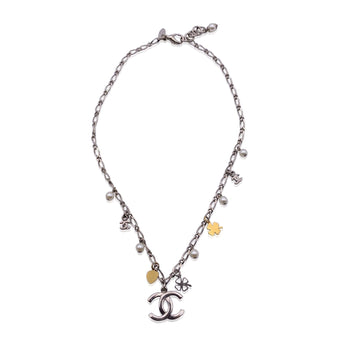 CHANEL Silver Metal Chain Necklace With Charms Cc Logo Pendant