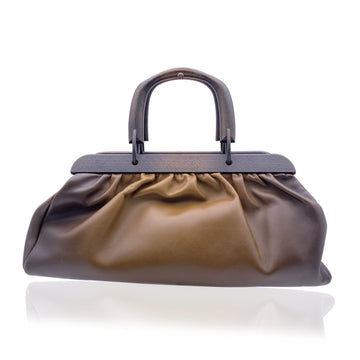 GUCCI Brown Leather Wood Handles Bag Handbag Satchel