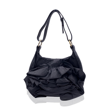 YVES SAINT LAURENT Black Ruffled Leather Hobo Tote Shoulder Bag