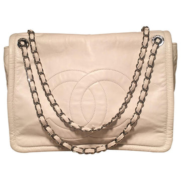 CHANEL White Leather Quilted CC logo XL Maxi Classic Top Flap Shoulder Bag