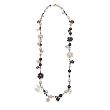 CHANEL Gold Metal Chain Long Necklace Black And White Flowers