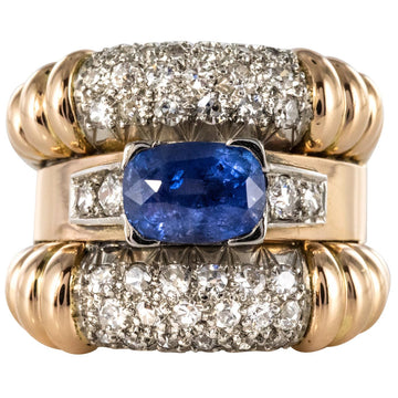 1940s French Sapphire Diamonds Gadroon Tank Ring