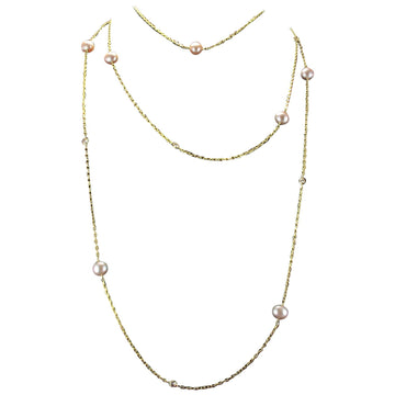 Creation Pink Cultured Pearl Diamond 18 Karat Yellow Gold Long Necklace