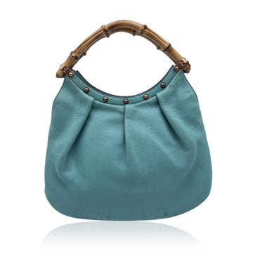 GUCCI Turquoise Leather Bamboo Studded Handbag Hobo Bag