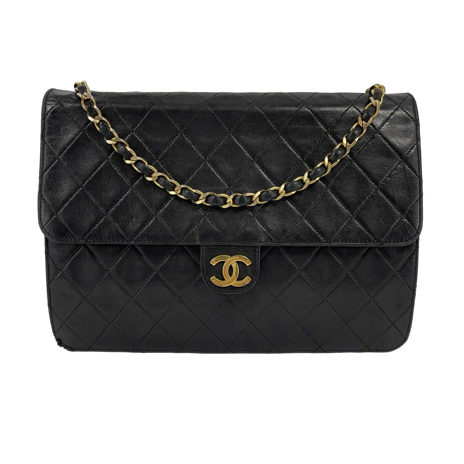 Chanel - VTG CC Logo Old Medium Black Matelasse Quilted Shoulder Bag