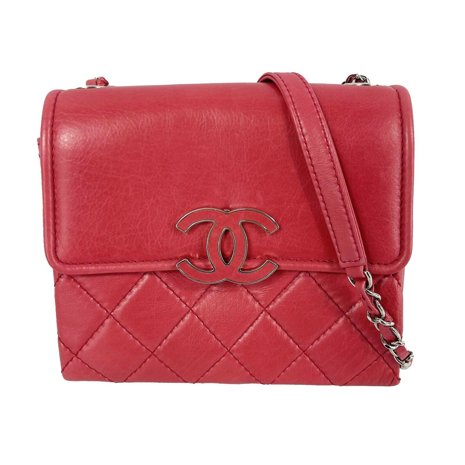 CHANEL - Mini Square Flap Quilted Lambskin Shoulder Crossbody - Pink /