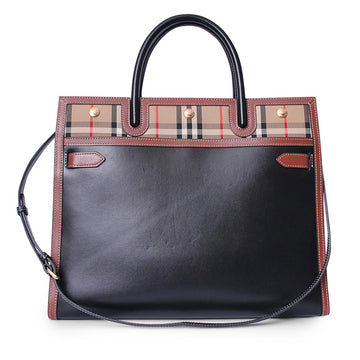 BURBERRY Leather/Check Large Title Tote Black/Brown