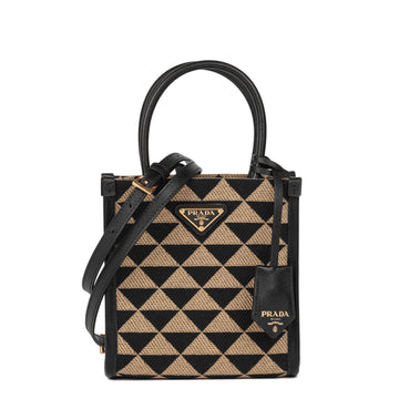 Prada Beige & Black Symbole Embroidered Fabric, Black Saffiano Leather Mini Shoulder Bag