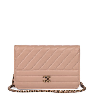 Chanel Beige Diagonal Quilted Goatskin Leather Wallet-on-Chain WOC Shoulder Bag