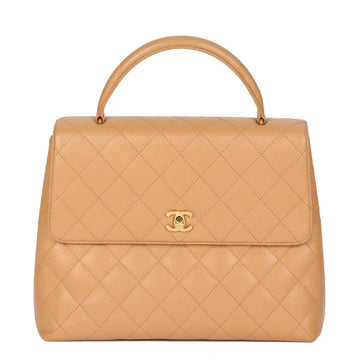 Chanel Beige Quilted Caviar Leather Vintage Classic Kelly Top Handle Bag