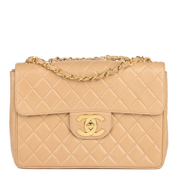 Chanel Beige Quilted Lambskin Vintage Jumbo XL Classic Single Flap Bag