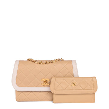 Chanel Beige & White Quilted Lambskin Vintage Mini Classic Single Flap Bag with Wallet Shoulder Bag