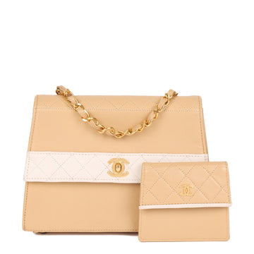 Chanel Beige & White Quilted Lambskin Vintage Mini Trapeze Classic Single Flap Bag with Pouch Shoulder Bag