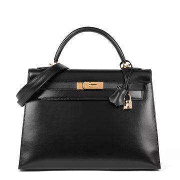 Hermes Black Box Calf Leather Vintage Kelly 32cm Shoulder Bag