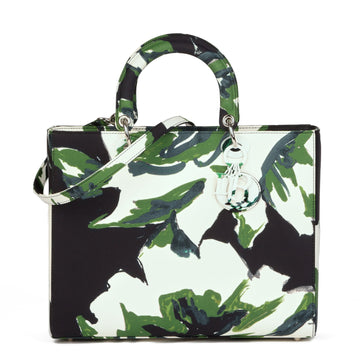 Christian Dior Black, Green & White Satin Canvas Graffiti Floral Lady Dior GM Shoulder Bag