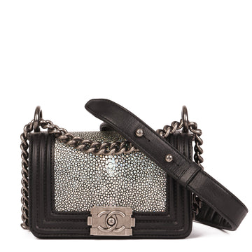 Chanel Black Lambskin & Hologram Galuchat Micro Le Boy Shoulder Bag