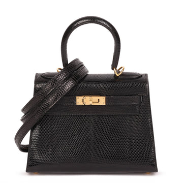 Hermes Black Lizard Leather Vintage Kelly 20cm Sellier Shoulder Bag