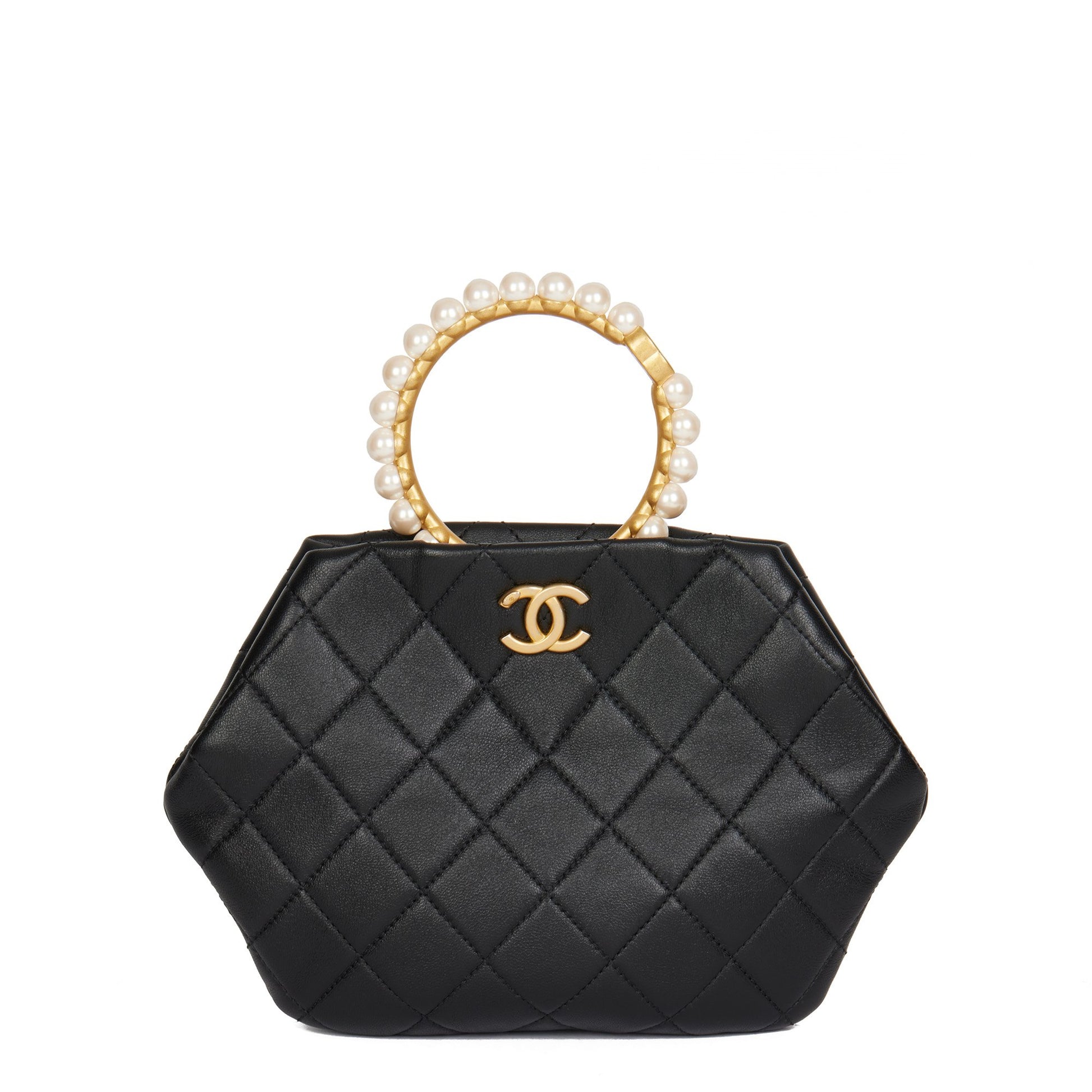 Chanel Black Quilted Lambskin Pearl Handle Clutch Bag