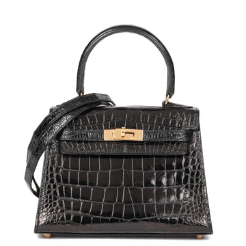 Hermes Black Shiny Mississippiensis Alligator Leather Vintage Kelly 20cm Sellier Shoulder Bag