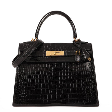 Hermes Black Shiny Porosus Crocodile Leather Vintage Kelly 28cm Sellier Shoulder Bag