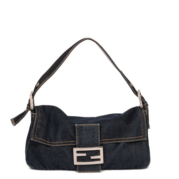 Fendi Blue Denim & Brown Calfskin Leather Vintage Baguette Shoulder Bag