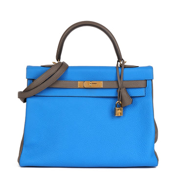 Hermes Blue Hydra & Etain Clemence Leather Special Order HSS Kelly 35cm Retourne Shoulder Bag