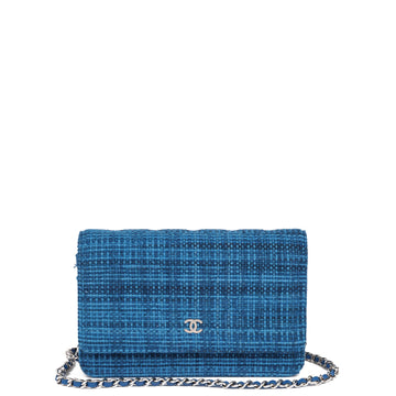 Chanel Blue Quilted Tweed Fabric Wallet-on-Chain WOC Shoulder Bag