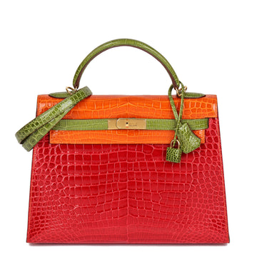 Hermes Braise, Tangerine & Vert Anis Shiny Porosus Crocodile Leather Special Order HSS Kelly 32cm Sellier Shoulder Bag
