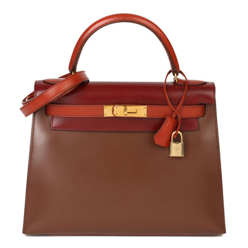 Hermes Brique, Rouge H & Chocolate Box Calf Leather Vintage Kelly 28cm Sellier Shoulder Bag
