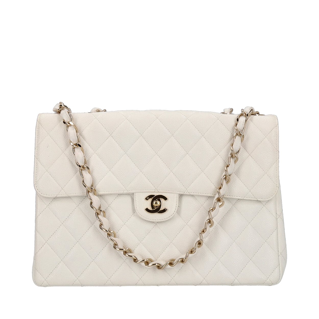 CHANEL Vintage Quilted Caviar Jumbo Flap Bag White