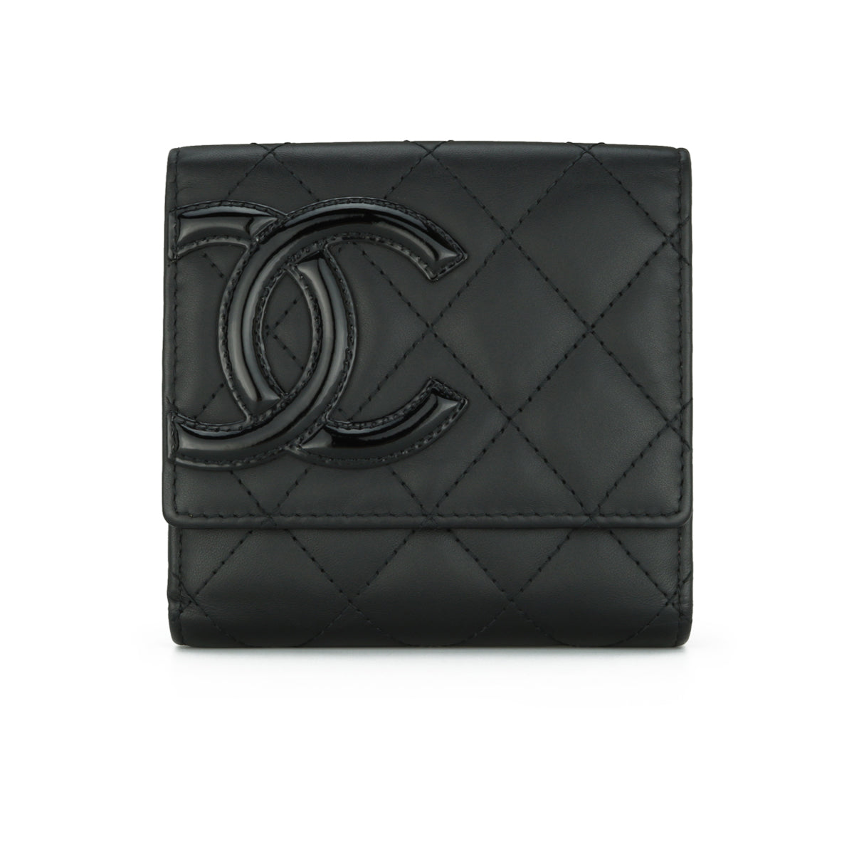CHANEL Calfskin Quilted Cambon Tri-Fold Wallet Black 342214