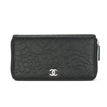 Chanel Camellia Long Zipped Wallet Black Lambskin Silver Hardware 2013