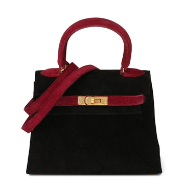 Hermes Framboise & Black Veau Doblis Suede Vintage Kelly 20cm Sellier Shoulder Bag