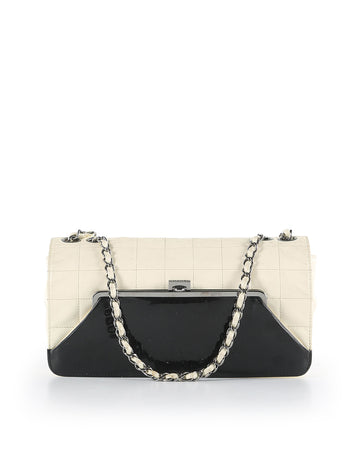 CHANEL White Quilted Lambskin Leather with Black Patent Leather Kiss-Lock Flap Bag