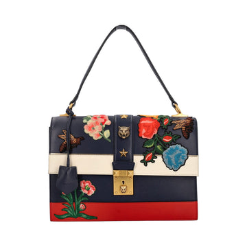 GUCCI Leather Riche Striped Embroidered Shoulder Bag Navy