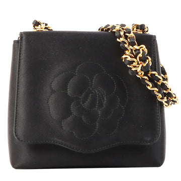 Chanel Around 1996 Made Satin Camellia Cc Mark Stitch Chain Shoulder Bag Black