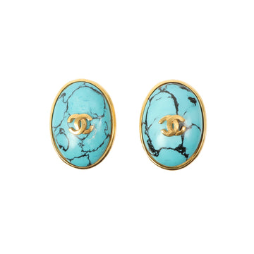 Chanel 1997 Made Oval Coco Mark Turquoise Earrings Turquoise