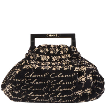 Chanel Around 2006 Made Velvet Camellia Mademoiselle Pattern Handle Bag Black/ Ivory