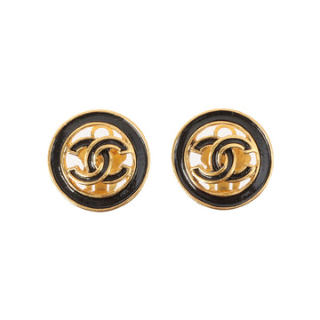 Chanel 1993 Made Round Cutout Cc Mark Earrings Black
