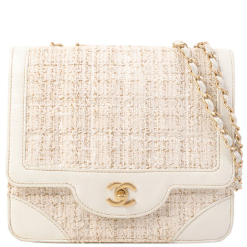 CHANEL Around 2000 Made Tweed Leather Combination Turn-Lock Chain Bag White
