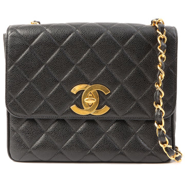Chanel Around 1995 Made Caviar Skin Big Turn-Lock Square Shoulder Bag Black