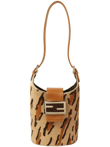 FENDI Unborn Calf Leopard Pattern One Shoulder Bag Brown