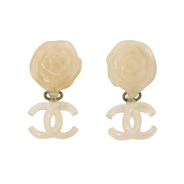 Chanel 2002 Made Camellia Cc Mark Swing Earrings Ivory/Clear