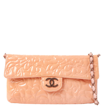 Chanel Around 2003 Made Patent Camellia Motif Classic Flap Chain Bag Salmon Pink