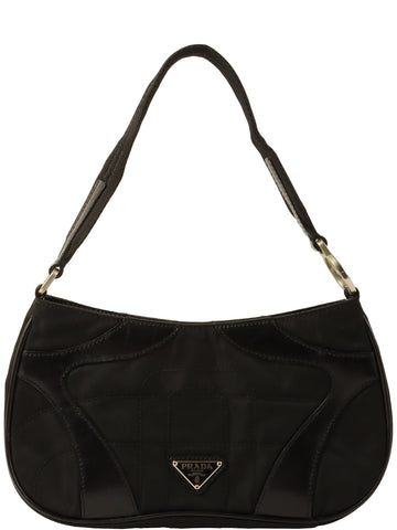 PRADA Leather Nylon Combination Design Stitch Logo Plate Shoulder Bag Black