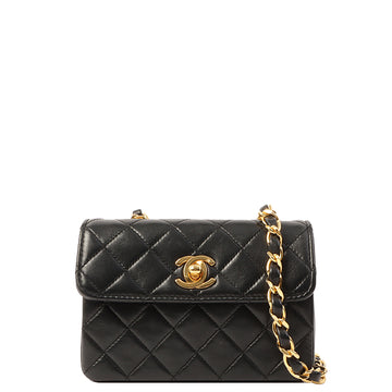 Chanel Around 1990 Made Straight Flap Turn-Lock Mini Chain Bag Black