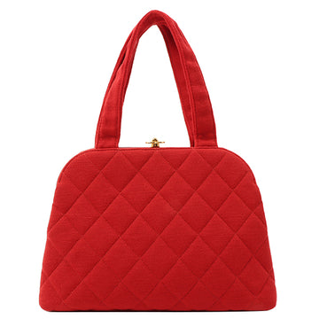 Chanel Around 1997 Made Cotton Turn-Lock Metal Clasp Top Handle Bag Red