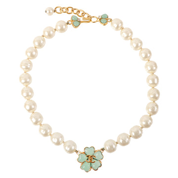 Chanel 1997 Made Cc Mark Flower Motif Pearl Necklace Mint Green