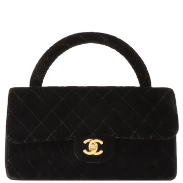 CHANEL Around 1995 Made Velour Classic Flap Top Handle Bag Black